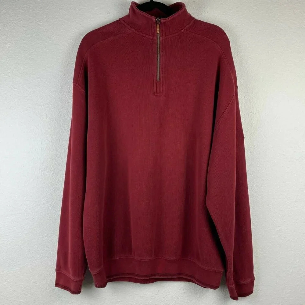 Tommy Bahama Sweater Mens Size XL 1/4 Zip Pullover Long Sleeve Cotton Knit Red